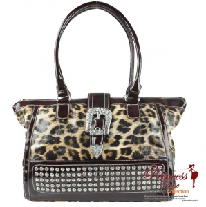 Designer Inspired Animal Print Glossy Leatherette Hand Bag w/ Flip-over Buckle and Rhinestone Decor